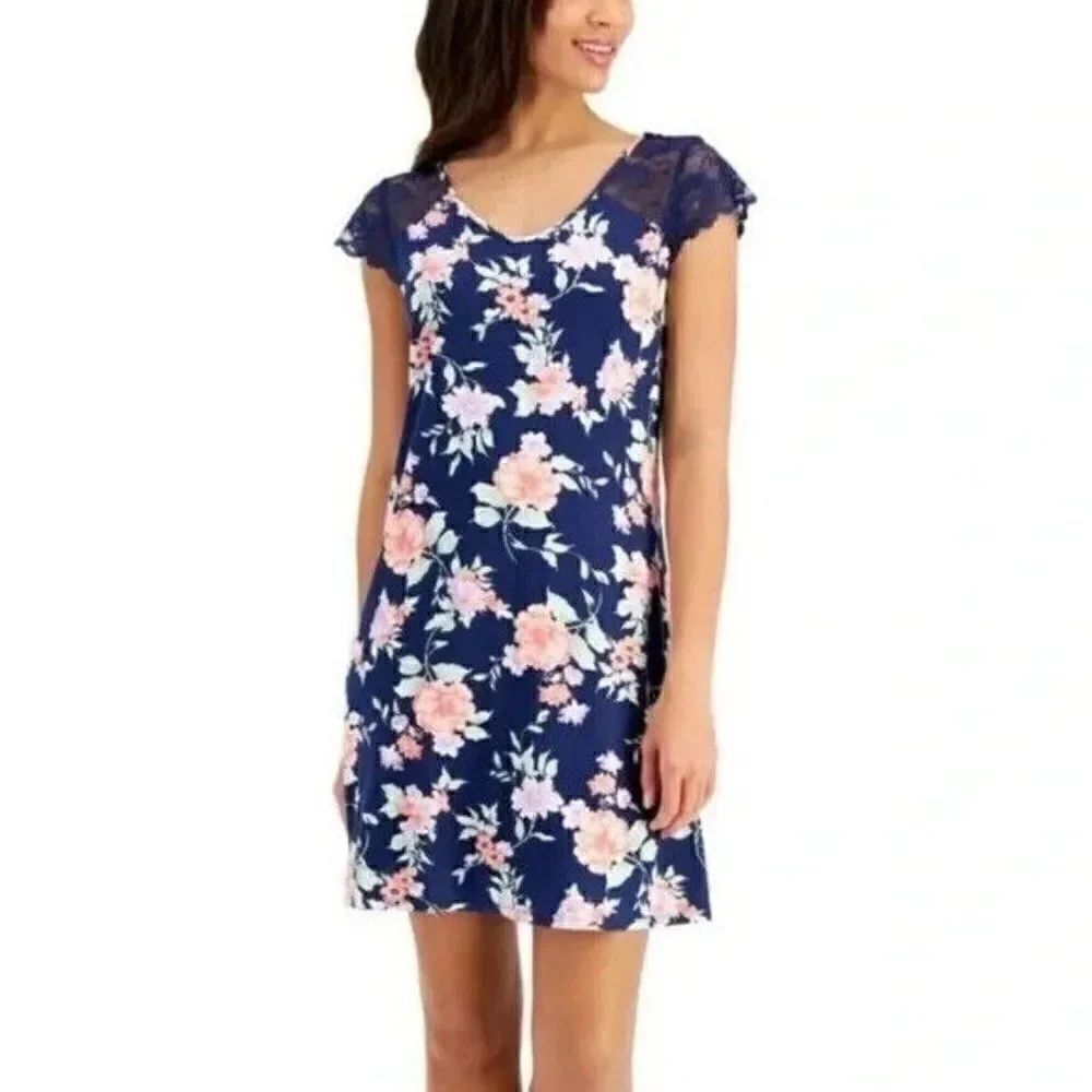 Charter Club Blue Blossoms Lace-Sleeve Chemise Nightgown Extra Small NWT